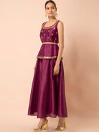 Indya Women Wine-Colored Embroidered Belted Peplum Layered Kurta | Grab2Buy