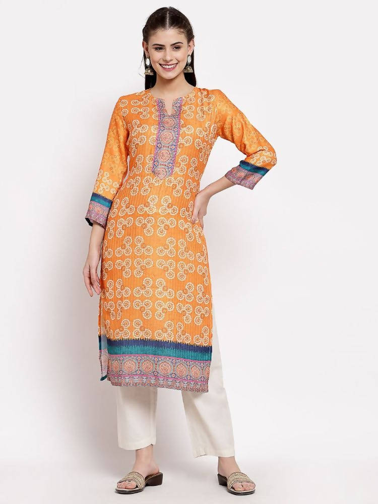 Myshka Women's Multi Cotton Printed 3/4 Sleeve Round Neck Casual Kurta | Grab2Buy