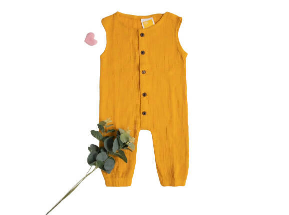 Sunshine Baby Cute Organic Muslin Cotton Sleeveless Full Length Rompers For Babies - Yellow | Grab2Buy