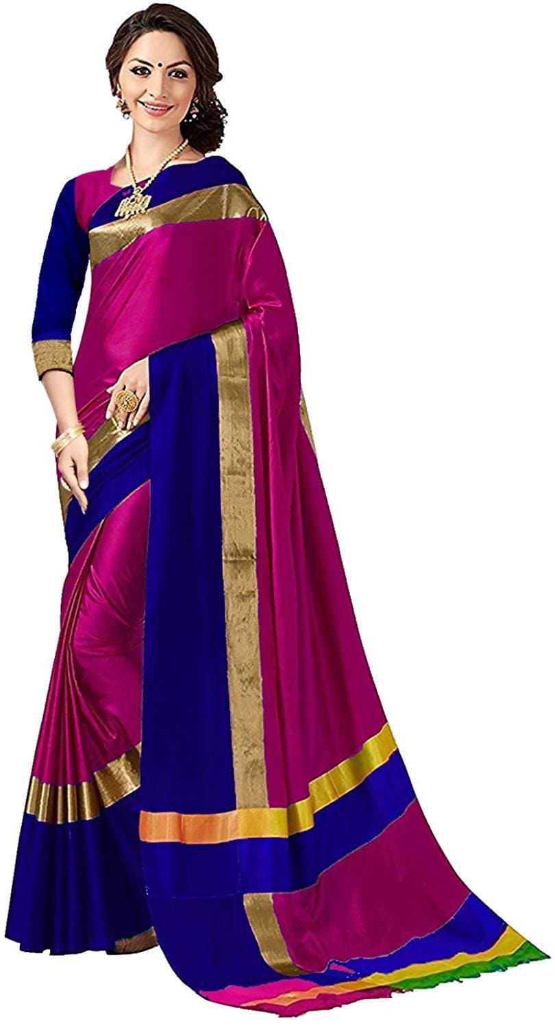 Vamika Pink and Navy Blue Cotton Silk Weaving Saree (Shreeji Pink Blue) | Grab2Buy