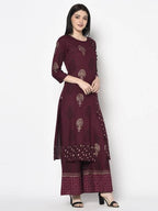 Aniyah Rayon Wine Color Block Print Straight Kurta (AN-175K) | Grab2Buy