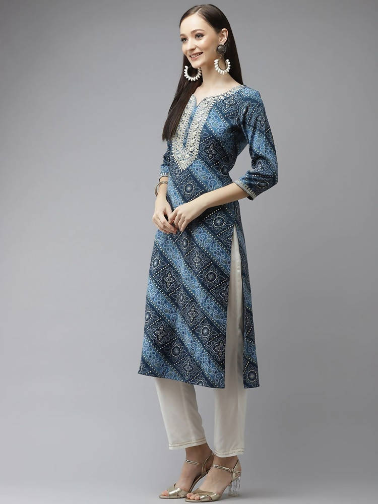 Yufta Women Blue Bandhani Printed Regular Gotta Patti Kurta with Palazzo & With Dupatta | Grab2Buy