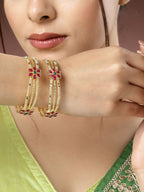 NVR Women's Set of 2 Gold-Polished Artificial Stones Handcrafted Traditional Bangles