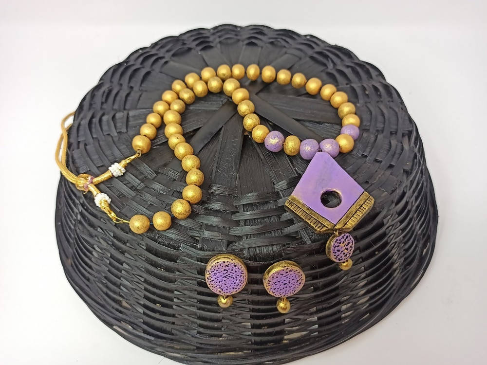 Terracotta Diamond Pendant Long Necklace Set With Studs-Lavender | Grab2Buy