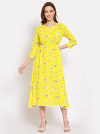 Myshka Women's Yellow Printed Cotton 3/4 Sleeve Round Neck Casual Dress | Grab2Buy