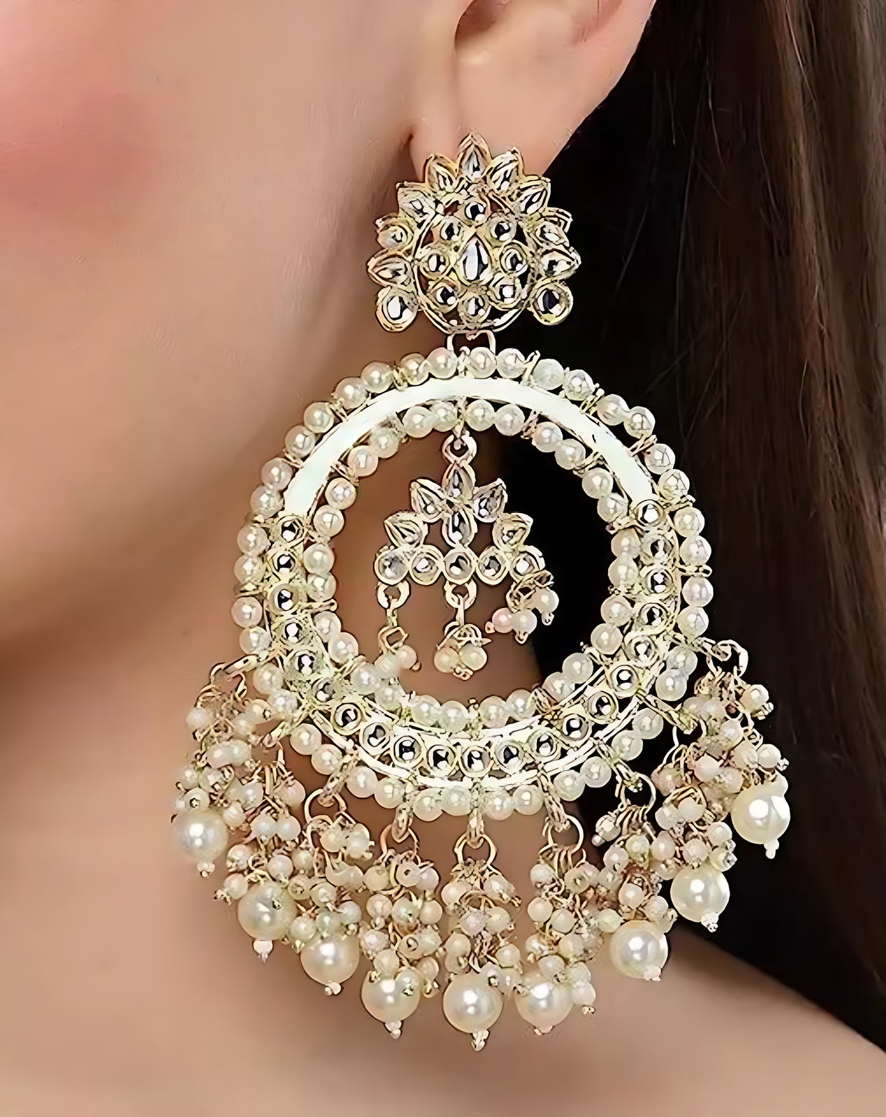 Jewel City Luxurious Pearl Chandelier Earrings - Traditional Indian Kundan Style Statement Jewelry for Wedding & Festive Wear | Grab2Buy