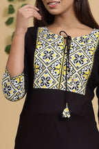 Yufta Women Black & Yellow Geometric Yoke Design Straight Kurta | Grab2Buy