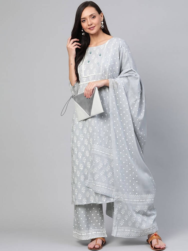 Yufta Grey and White Printed Kurta With Palazzo and Dupatta Set | Grab2Buy