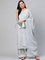Yufta Grey and White Printed Kurta With Palazzo and Dupatta Set | Grab2Buy