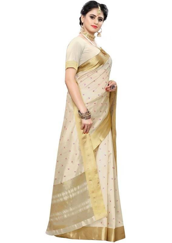 Vamika Weaving Cream Cotton Polyester Silk Saree (Kerala Tikki) | Grab2Buy
