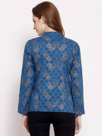 Myshka Women's Blue Cotton Full Sleeve Mandarin Collar Printed Casual Jacket | Grab2Buy