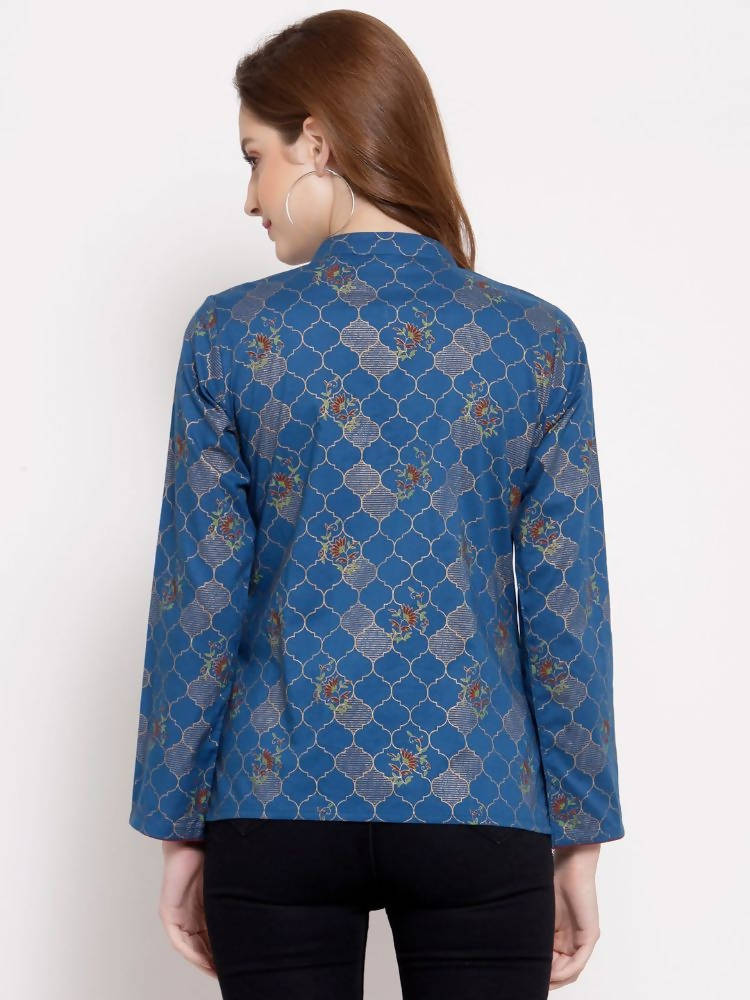 Myshka Women's Blue Cotton Full Sleeve Mandarin Collar Printed Casual Jacket | Grab2Buy