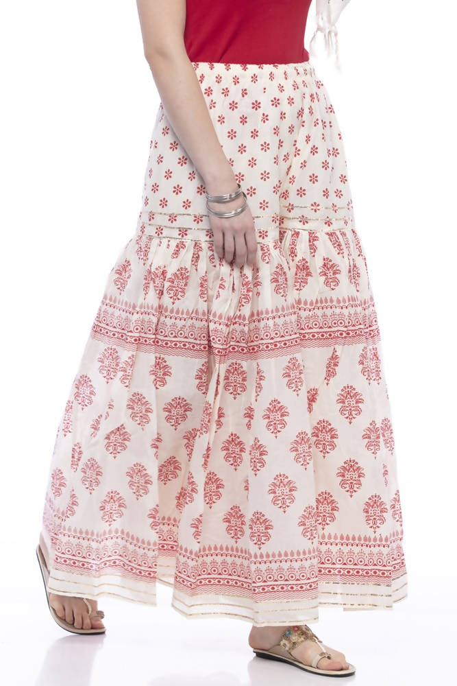 Mominos Fashion Cotton Block Print With Lace Work Off White Red Color Prints Palazzo | Grab2Buy