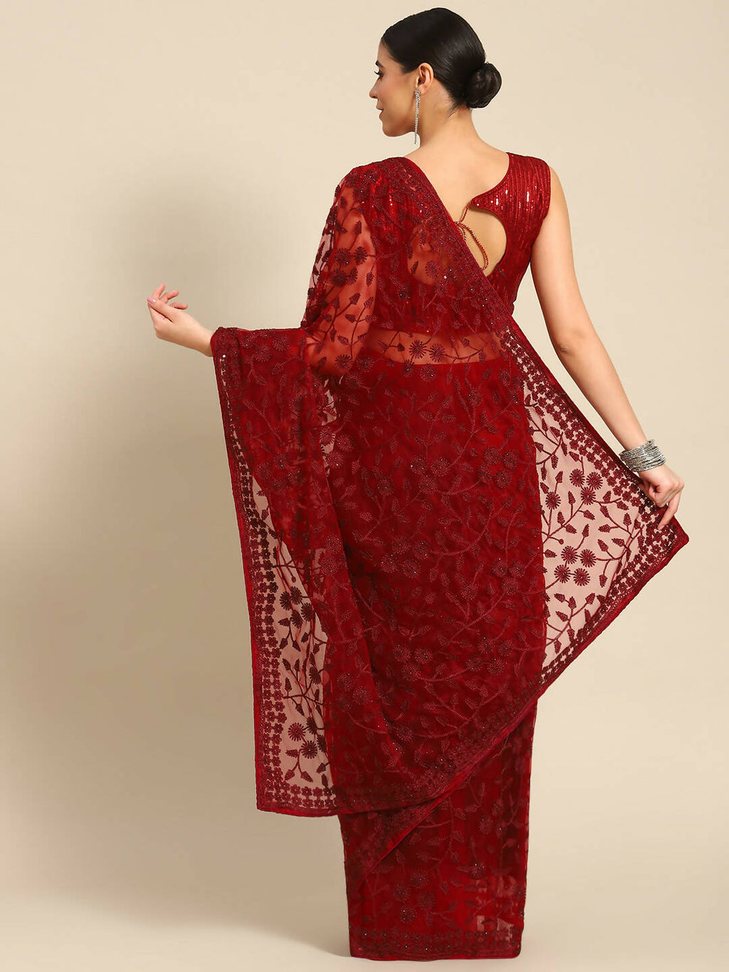 Maroon Woven Design Net Saree with Blouse Piece - Kalamkari | Grab2Buy