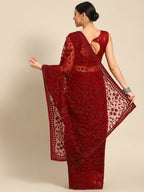 Maroon Woven Design Net Saree with Blouse Piece - Kalamkari | Grab2Buy