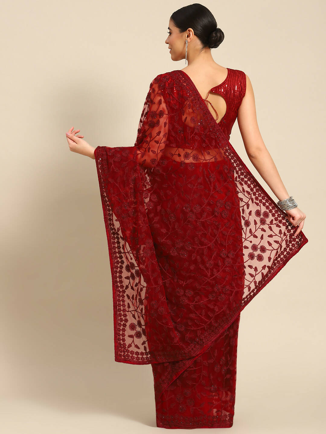 Maroon Woven Design Net Saree with Blouse Piece - Kalamkari | Grab2Buy