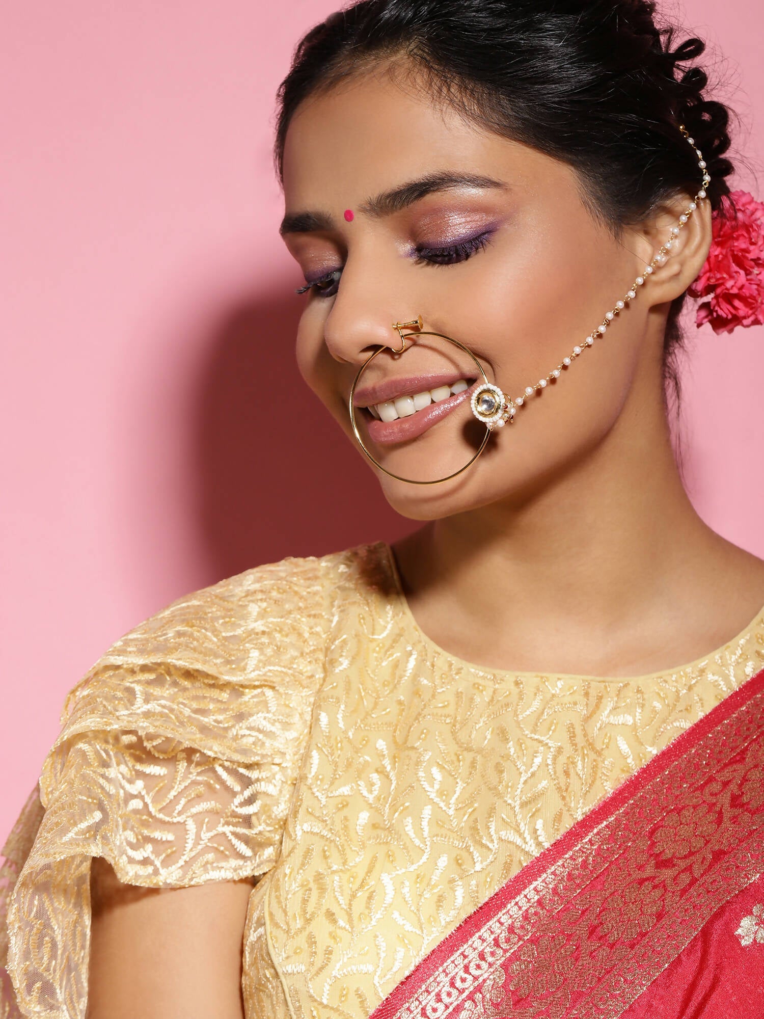 Gold-Polished white kundan nosepin - Ruby Raang | Grab2Buy