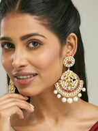 Nuyug 22K Gold-Plated Elegant Ruby & Kundan Stone Studded With Pearl Beaded Floral Chandbalis | Grab2Buy
