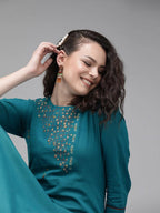 Yufta Women Teal Blue Embroidered straight Kurta | Grab2Buy