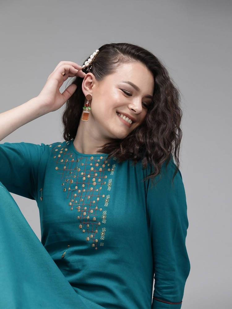 Yufta Women Teal Blue Embroidered straight Kurta | Grab2Buy