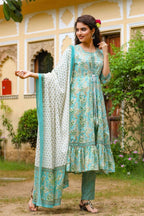 Yufta Blue Printed Tiered Kurta with Trouser and Dupatta | Grab2Buy