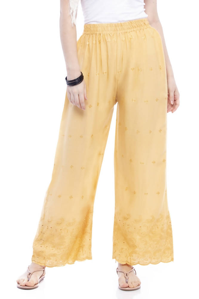 Mominos Fashion Reyon Cotton Dark Golden Embroidery Chikan Palazzo | Grab2Buy
