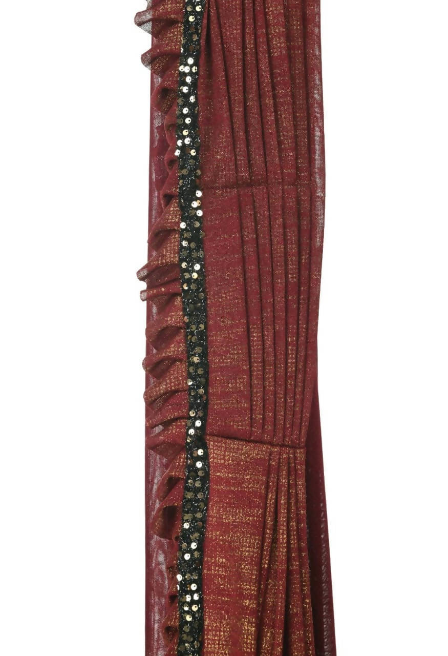 Mominos Fashion All Season Wear Rust And Black Ruffled Ready To Wear Saree | Grab2Buy