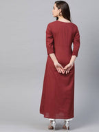 Yufta Women Rust Red & White Embroidered Mirror Work Yoke Design Cotton A-Line Dress | Grab2Buy