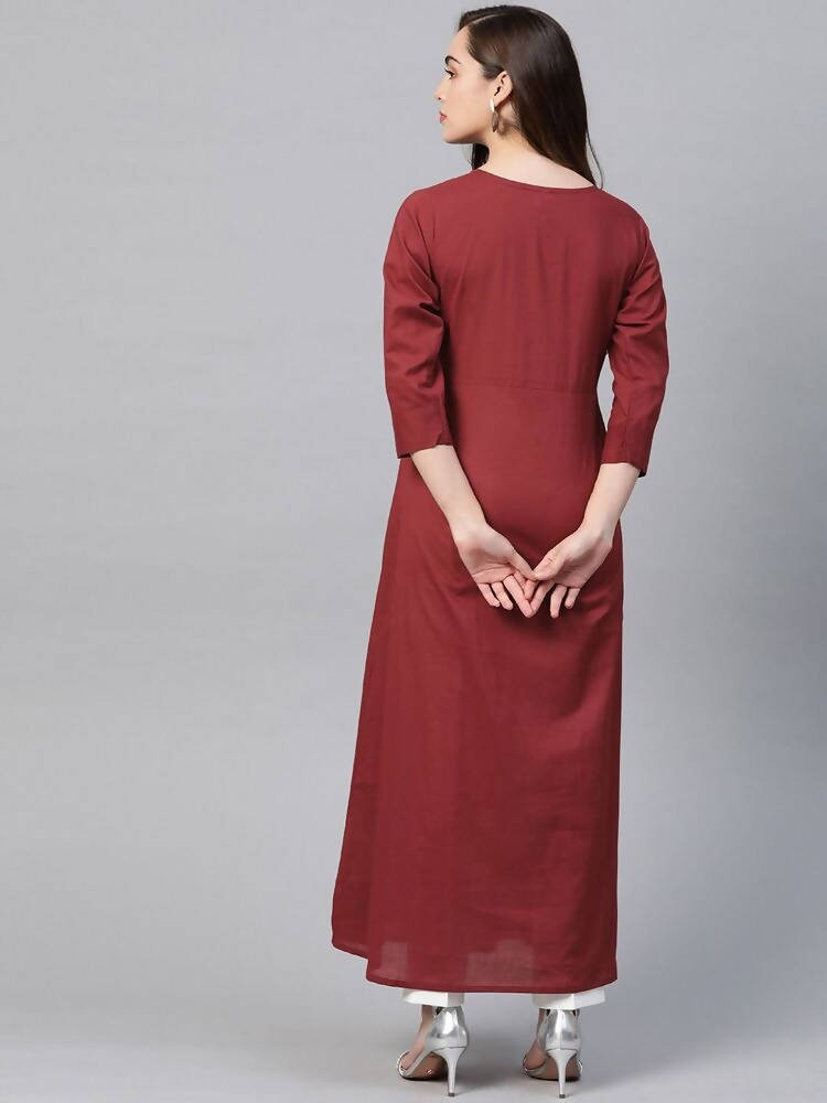 Yufta Women Rust Red & White Embroidered Mirror Work Yoke Design Cotton A-Line Dress | Grab2Buy