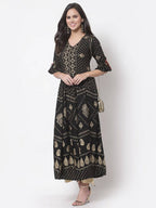 Myshka Women's Black Rayon Printed 3/4 Sleeve V Neck Casual Dress | Grab2Buy