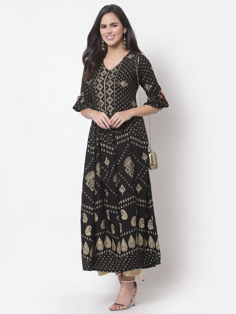 Myshka Women's Black Rayon Printed 3/4 Sleeve V Neck Casual Dress | Grab2Buy