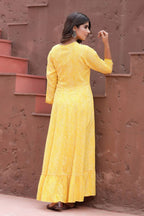 Yufta Women Yellow & White Leheriya Printed Kurta With Coffee Bean Shell Detail | Grab2Buy