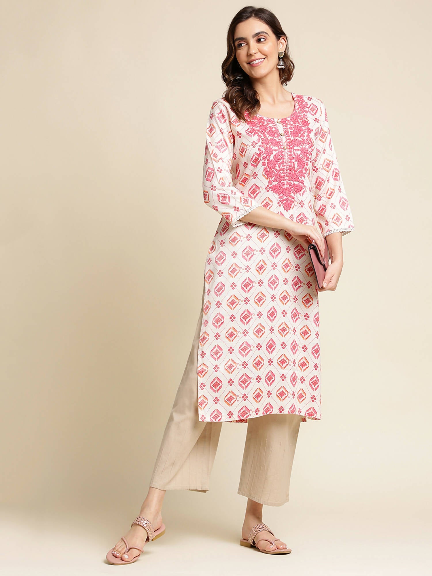 Pink Poly Rayon Aztec Printed Straight Fit Kurta - Prasuti | Grab2Buy