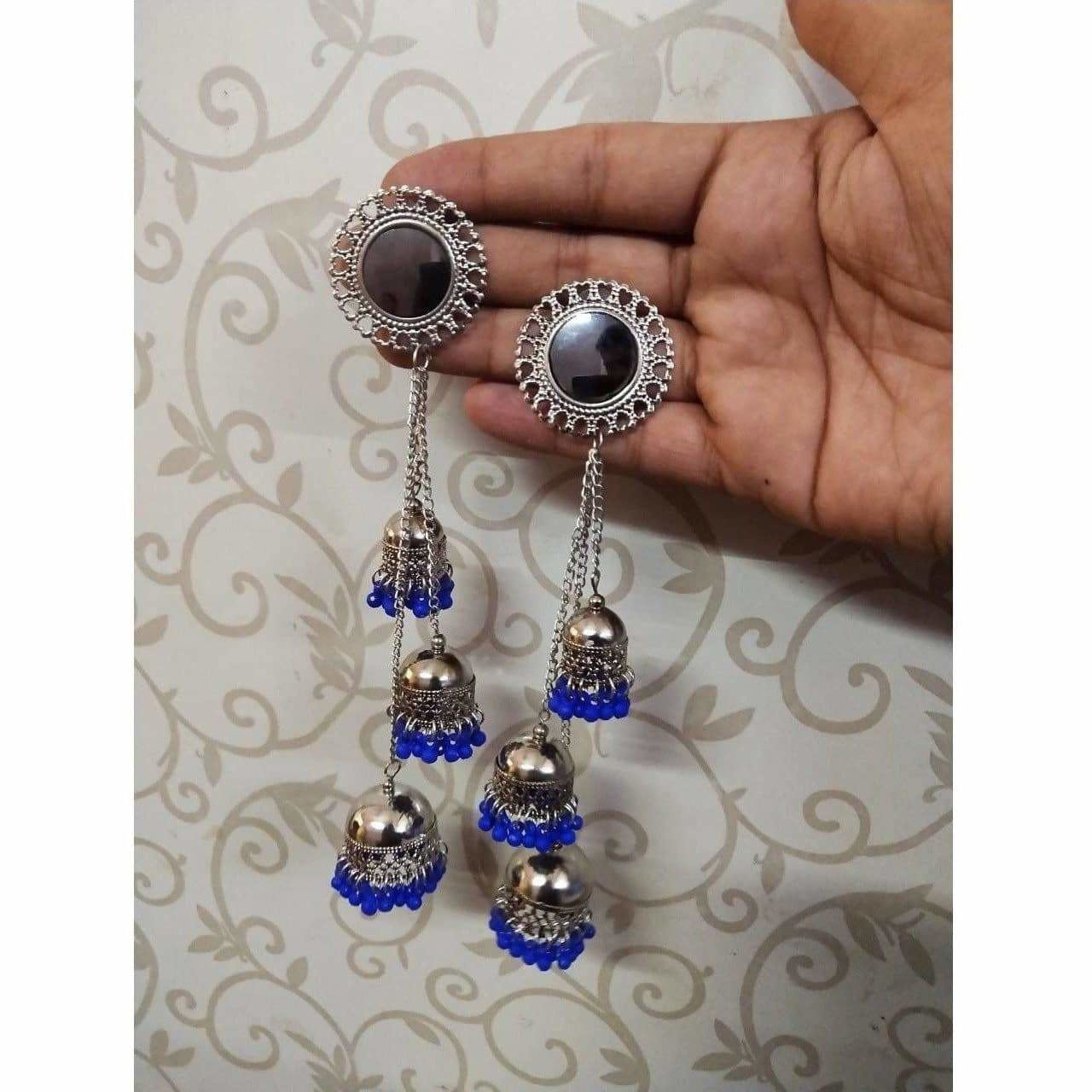 MS Fashion India Kashmiri Triple Blue Color Pearls Hanging Jhumka Earrings | Grab2Buy