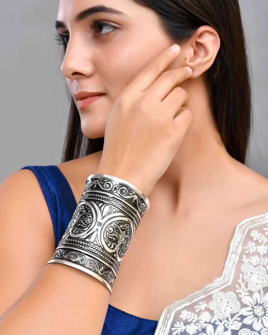 VOJ Silver Plated Oxidised Long Cuff Bracelet | Grab2Buy