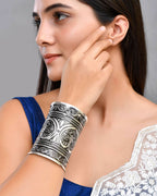 VOJ Silver Plated Oxidised Long Cuff Bracelet | Grab2Buy