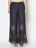 Aniyah Rayon Dark Grey Color Block Print Flared Slip-On Palazzo (AN-201K) | Grab2Buy