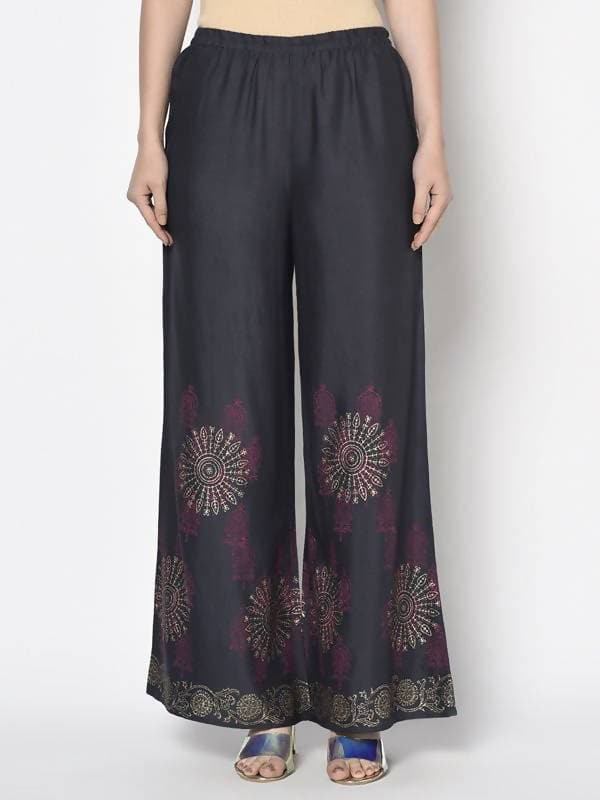 Aniyah Rayon Dark Grey Color Block Print Flared Slip-On Palazzo (AN-201K) | Grab2Buy