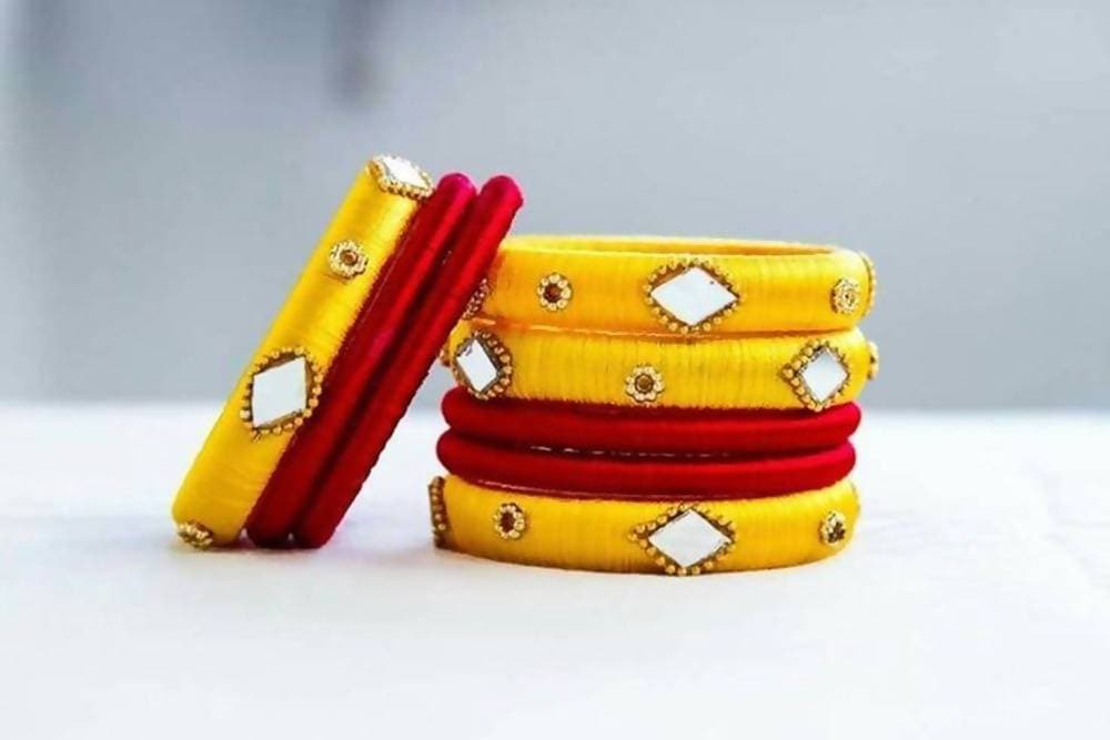 Yellow and Red Silk Threaded Bangles Set of 2 | Grab2Buy