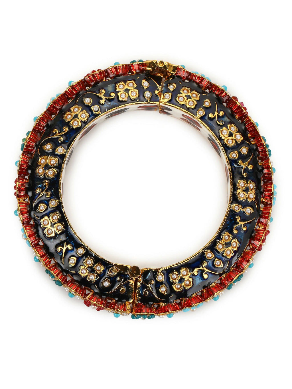 Gold-Polished Blue White Kundan Studded Pearls Beaded Bangle - Ruby Raang | Grab2Buy