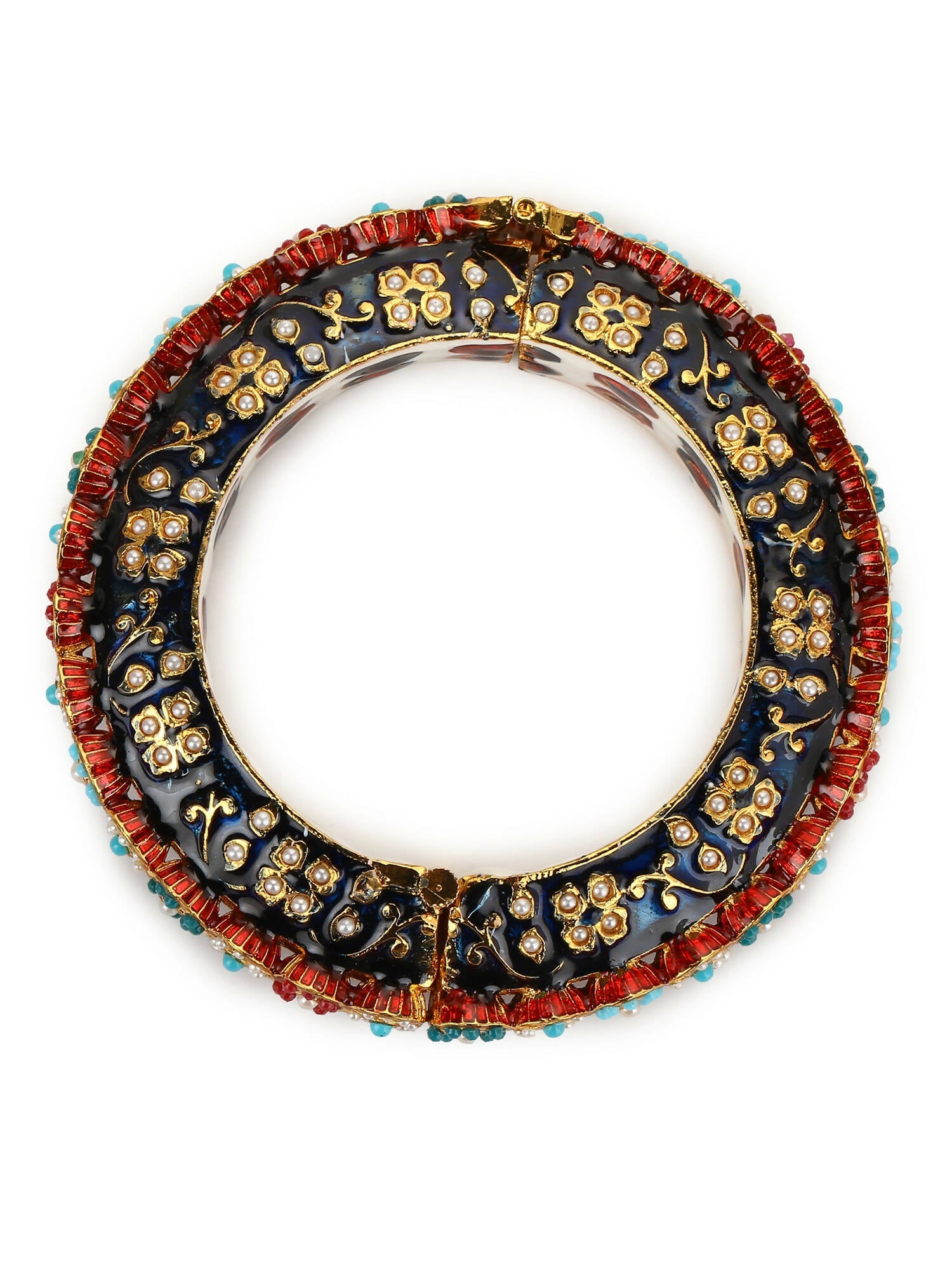 Gold-Polished Blue White Kundan Studded Pearls Beaded Bangle - Ruby Raang | Grab2Buy