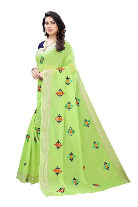 Vamika Chanderi Cotton Embroidery Green Saree (Dixa Green) | Grab2Buy