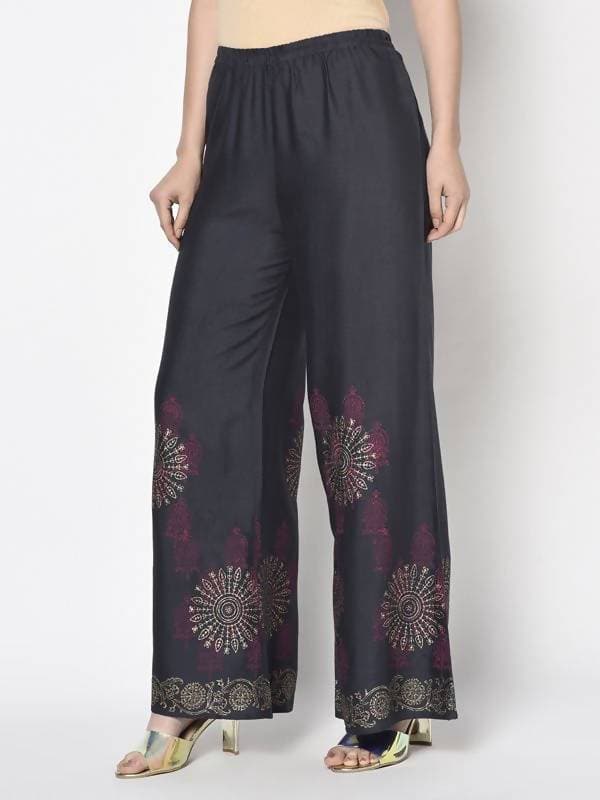 Aniyah Rayon Dark Grey Color Block Print Flared Slip-On Palazzo (AN-201K) | Grab2Buy