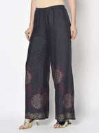 Aniyah Rayon Dark Grey Color Block Print Flared Slip-On Palazzo (AN-201K) | Grab2Buy
