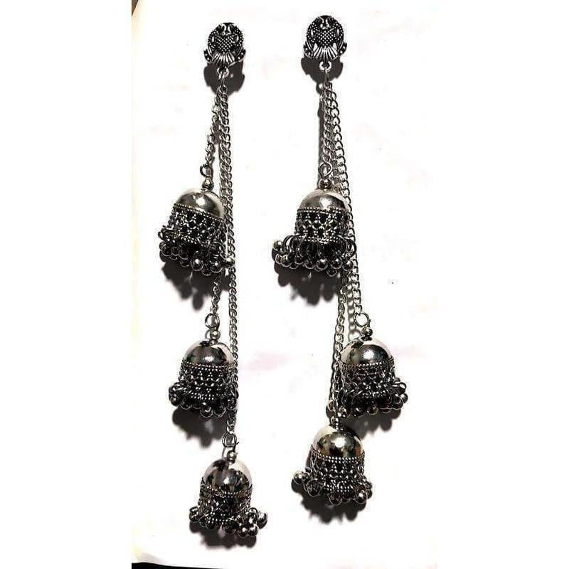 MS Fashion India Antique Silver Long Chain Triple Afghani Hanging Kashmiri Earrings | Grab2Buy