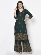 Aniyah Rayon Bottle Green Color Block Print Flared Slip-On Palazzo (AN-219K) | Grab2Buy