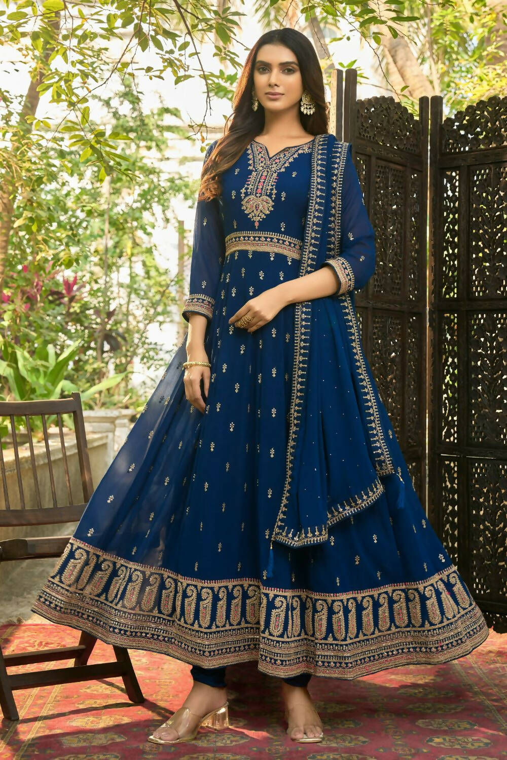 Blue Heavy Faux Georgette Anarkali Embroidered Kurta Set - Dhvani | Grab2Buy
