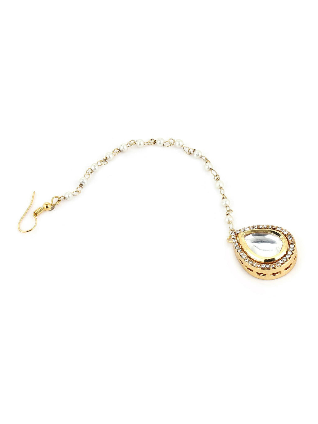 Gold-Polished White Kundan-Studded Pearl Beaded Maang Tikka - Ruby Raang | Grab2Buy