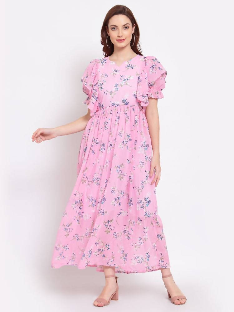Myshka Women's Pink Printed Georgette Half Sleeve Round Neck Casual Dress | Grab2Buy