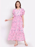 Myshka Women's Pink Printed Georgette Half Sleeve Round Neck Casual Dress | Grab2Buy